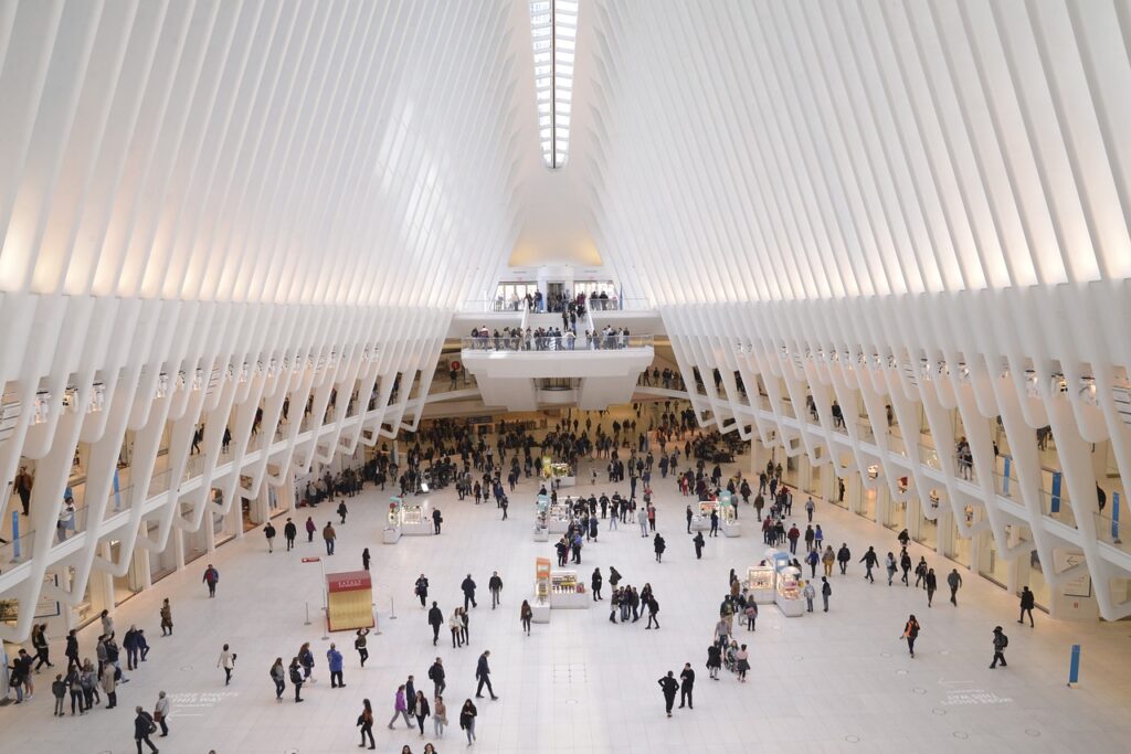 world trade center, building, people, interior, architecture, crowd, public, modern, terminal station, downtown, perspective, oculus, metaverse, metro, new york, manhattan, america, usa, crowd, crowd, public, public, public, public, public, new york